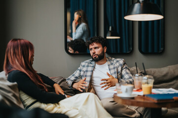 Business colleagues engaging in a serious conversation at a stylish coffee shop