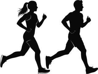 Running man and woman silhouette, athletic workout, fitness training, jogging couple, vector illustration, sports activity, healthy lifestyle, black and white