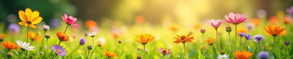 Vibrant wildflowers in a sun-drenched meadow, perfect for a nature-themed poster or springtime advertisement  Beautiful colors and textures create a lively, joyful scene ,  natural,  garden