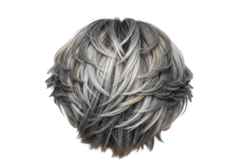 A detailed close-up view of voluminous, layered silver and blonde hair styled in a textured bob.