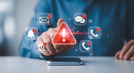 Businessperson Using Smartphone with Digital Security Alerts and Notification Icons for Cybersecurity and Communication Management in Modern Office Setting