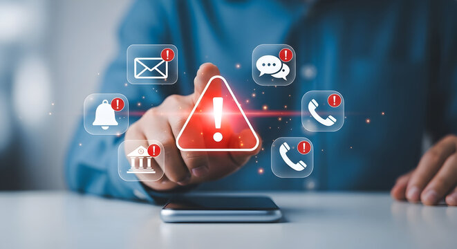 Businessperson Using Smartphone with Digital Security Alerts and Notification Icons for Cybersecurity and Communication Management in Modern Office Setting