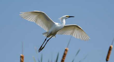 Snowy egret flying overhead