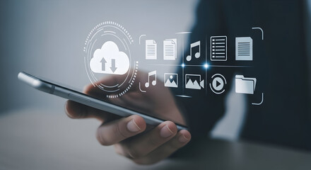 Modern person holding smartphone with floating digital icons representing cloud storage music videos documents and social media connectivity in a futuristic technology concept