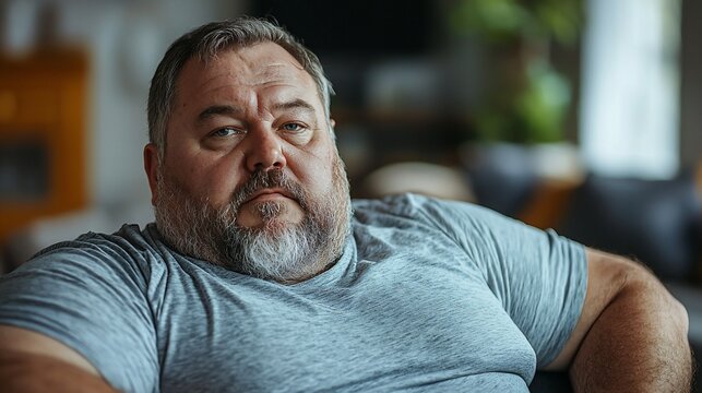 A pensive overweight man sits indoors, gazing directly at the camera.  His expression is serious