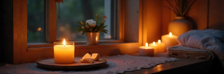 Warm, inviting candlelight illuminates a cozy interior, casting soft shadows and creating a romantic ambiance Perfect for relaxation, spa, or home decor themes , magical, intimate