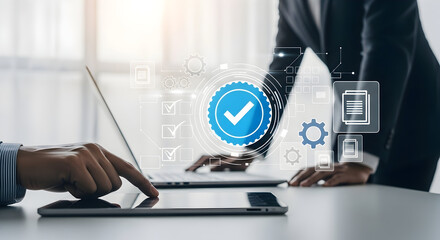 Business professionals collaborating on digital tablet with security checkmark and technology icons in modern office setting for corporate teamwork and data protection