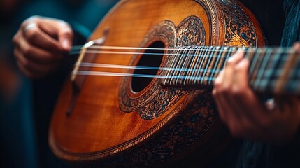Hands skillfully strum a beautifully crafted instrument, filling the air with enchanting tunes