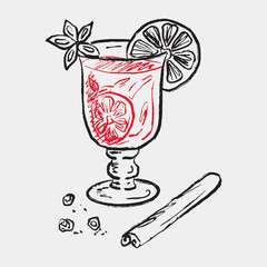 Hand drawn mulled wine with orange slice, cinnamon, pepper and anise star. Vector sketch illustration in vintage crayon retro style. Red wine hot drink, cozy winter, cafe menu