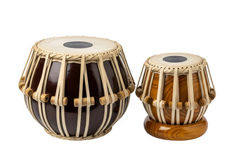 Two traditional Indian tabla drums, showcasing intricate craftsmanship and warm, rich tones, against a striking black background.