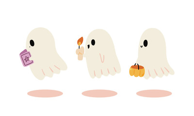 Cute Halloween Ghost Cartoon Characters with Pumpkin Candle and Magic Book. Friendly Ghosts Vector Illustration for Children.