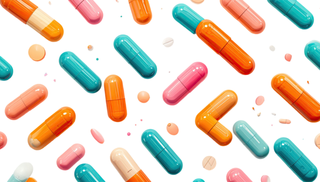 Colorful pills scattered on black background
