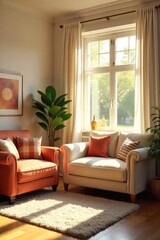 Warm sunlight streams into a bright, welcoming space, illuminating comfortable furniture and inviting decor, creating a sense of calm and ease , peaceful, cozy