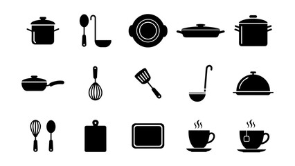 Vector set of essential kitchen and cooking utensils, pots, pans, and beverage cups icons collection