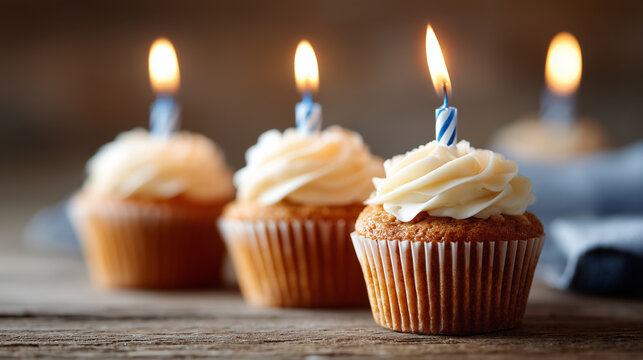 Delicious vanilla cupcakes with creamy frosting and lit birthday candles on rustic wooden table.