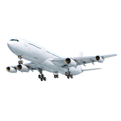 Fototapeta premium A large white passenger airplane with its landing gear down, flying in the air isolated on transparent background