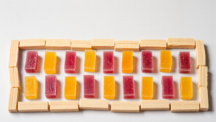 Colorful candies arranged beautifully on a white surface