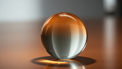Glass paperweight magnifying light reflections on wood, symbolizing abstract financial concepts in a minimalist setting.