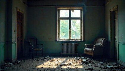 A shattered window, a broken chair, and scattered debris litter a dimly lit room, indicative of a violent struggle and aftermath of a crime , domestic violence, violence, broken window
