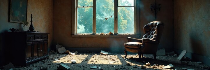 A shattered window, a broken chair, and scattered debris litter a room, stark evidence of a violent crime scene The image evokes feelings of chaos and destruction , misdemeanor, turmoil