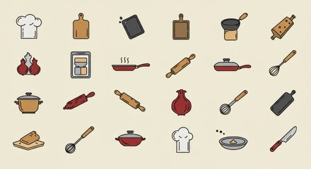 Editable Cooking Icon Set with Chef Kitchen Tools, Recipe Prep Utensils, Baking Essentials, Chopping Board, Frying Pan, Rolling Pin and Kitchenware Vector Illustration PNG