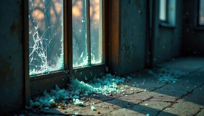 A shattered window, broken glass scattered on the ground, symbolizing the aftermath of a violent crime scene Evidence markers are visible, suggesting an ongoing investigation , emergency, damage