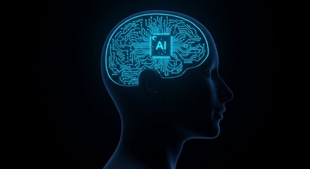 3D image of human head silhouette with glowing circuit board brain, with AI technology concept.