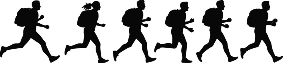 Obraz premium PrintSilhouettes of people running with backpacks, black vector illustration showing side view of active individuals in motion for fitness or travel
