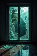 A shattered window, broken glass scattered on the ground, symbolizing the aftermath of a violent crime, highlighting the destructive consequences of criminal acts , violence, chaos