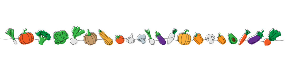Vegetables set one line colored continuous drawing. Tomato, garlic bulb, mushroom, avocado, pumpkin, broccoli, cabbage, zucchini, onion, radish