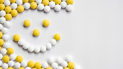 Happy face created with yellow and white pills on a clean surface