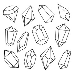Crystals outline set. Gemstones, amethyst, ruby, sapphire, emerald, topaz and quartz. Vector illustration