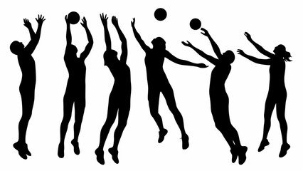 Silhouette of volleyball players jumping and hitting the ball in a dynamic action scene on white background