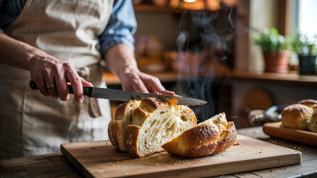 Julia watches steam rise a she slices into the freshy baked