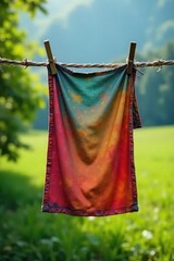 A single, colorful garment hangs gently swaying on a rustic clothesline against a blurred natural background, suggesting tranquility and simplicity , wind, peaceful, pastel