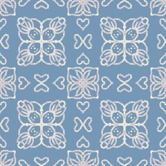 Rabbit  Crochet Lace Seamless Pattern, Hand Drawn Knitting Textile Design on Blue Background