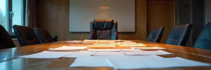 A single, empty chair sits at a conference table, papers scattered, suggesting a missed meeting or a failure to participate , business meeting, single chair