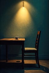 A single, empty chair sits at a dimly lit table, a half-empty coffee cup beside it, conveying a feeling of profound solitude and the dull ache of a persistent headache , grief, quiet