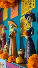 Tall Catrina statue in navy dress and hat holding marigolds. Decorated altar with papel picado, orange flowers and symbolic offerings for D&iacute;a de los Muertos celebration