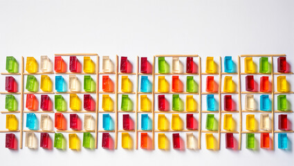 Colorful arrangement of jelly cubes in neat rows for a festive display
