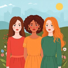 Three diverse women standing together in a serene landscape