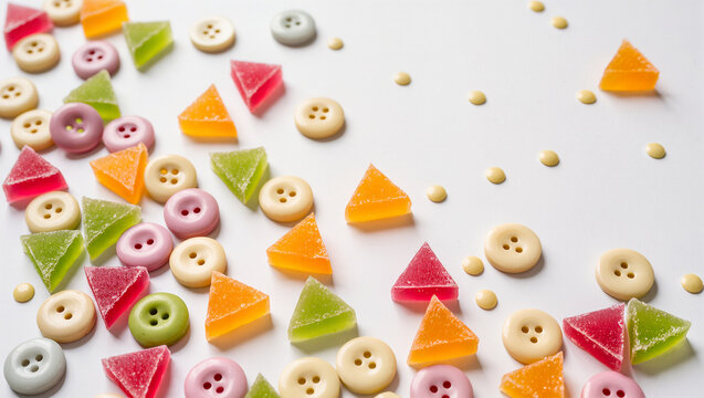 Colorful sweets and buttons form a playful white backdrop