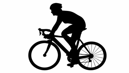 Fototapeta premium Silhouette of cyclist wearing helmet riding bicycle in profile view on a white background in black color