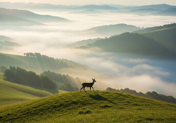 A lone deer stands on a grassy hilltop, centered in the image
