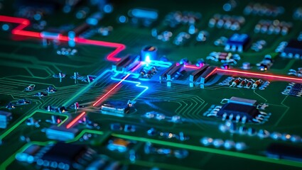 Modern printed circuit board with electronic components and glowing traces