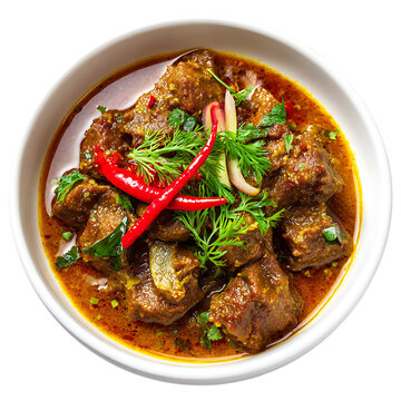 Close view of beef kari dish on white background
