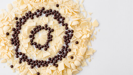 Artful mix of white chocolate shavings and dark balls