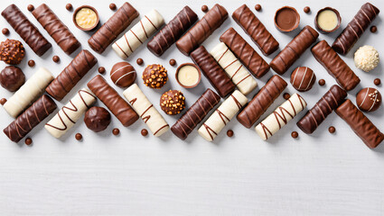 Delicious assortment of chocolate treats on a light wooden surface