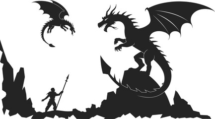 Epic fantasy battle scene, warrior facing dragons, dramatic silhouette illustration, mythical creatures, heroic fight on mountains, dark fantasy art, medieval adventure 