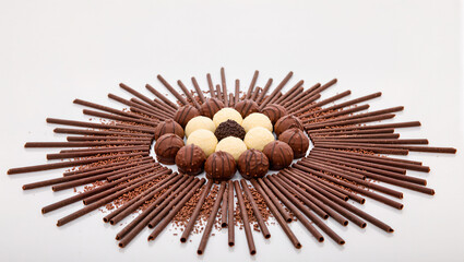 Charming chocolate display with treats on a white backdrop